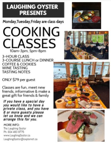 Promotional flyer for cooking classes with details on scheduling and pricing.