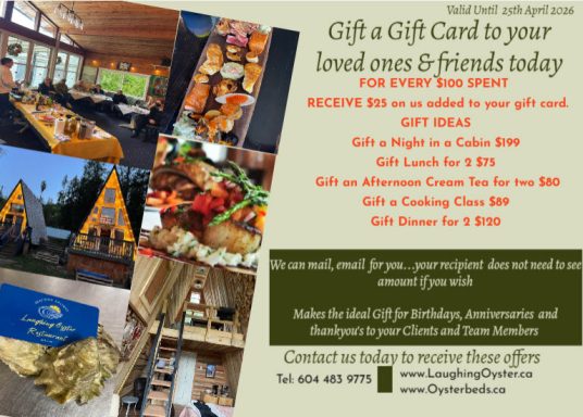 Gift card promotion for a restaurant, showcasing dining space and decor, inviting friends and family.